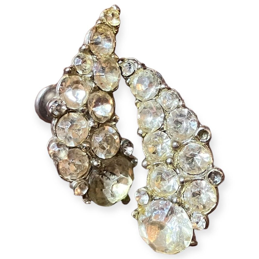 Vintage Silver Tone Clear Rhinestone Screw Back Climber Earrings‎